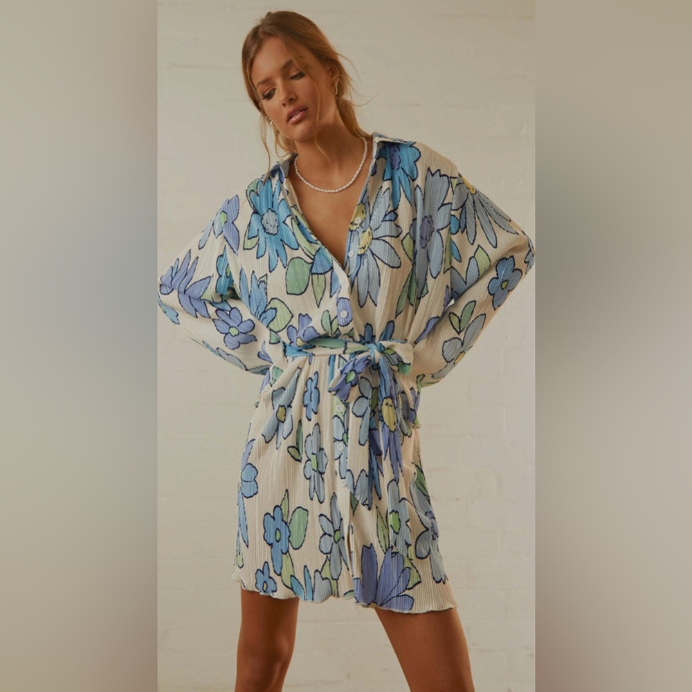 Peppermayo Blue and White Floral Button down Dress